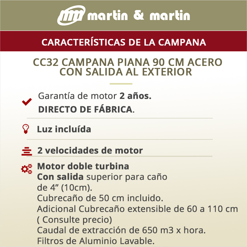 Campana De Cocina Piana de Acero 90cm Con Salida al Exterior | Martin