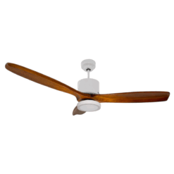 Ventilador de Techo Hemi Blanco Texturado con Plafón Redondo Luz Cálida y Palas de Madera Tono Algarrobo